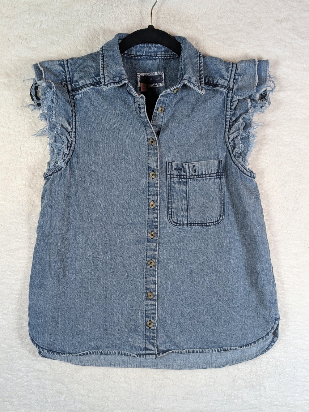 136-Pilcro Anthropologie Denim Ruffle Sleeve Button-Front Top - Light Blue